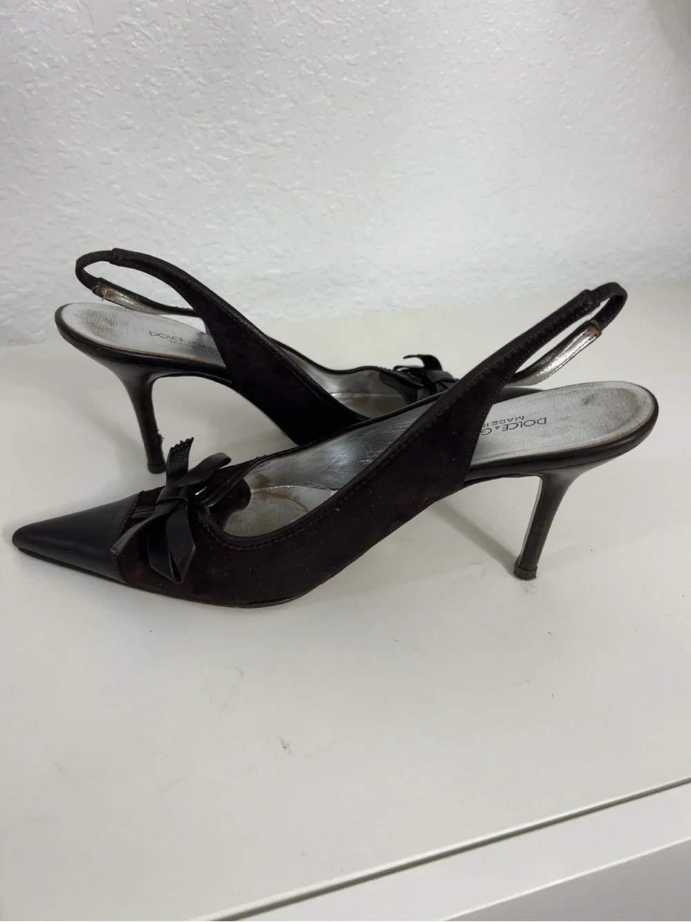 Vintage Dolce & Gabbana Brown Suede Bow Slingback Heels Size 39